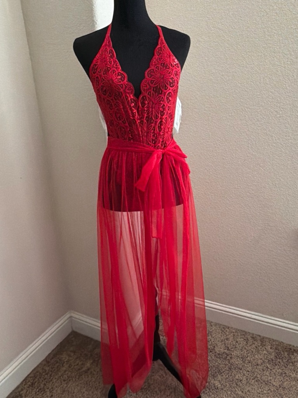 Dreamgirl Red Lace Halter Maxi Dress with Sheer Skirt